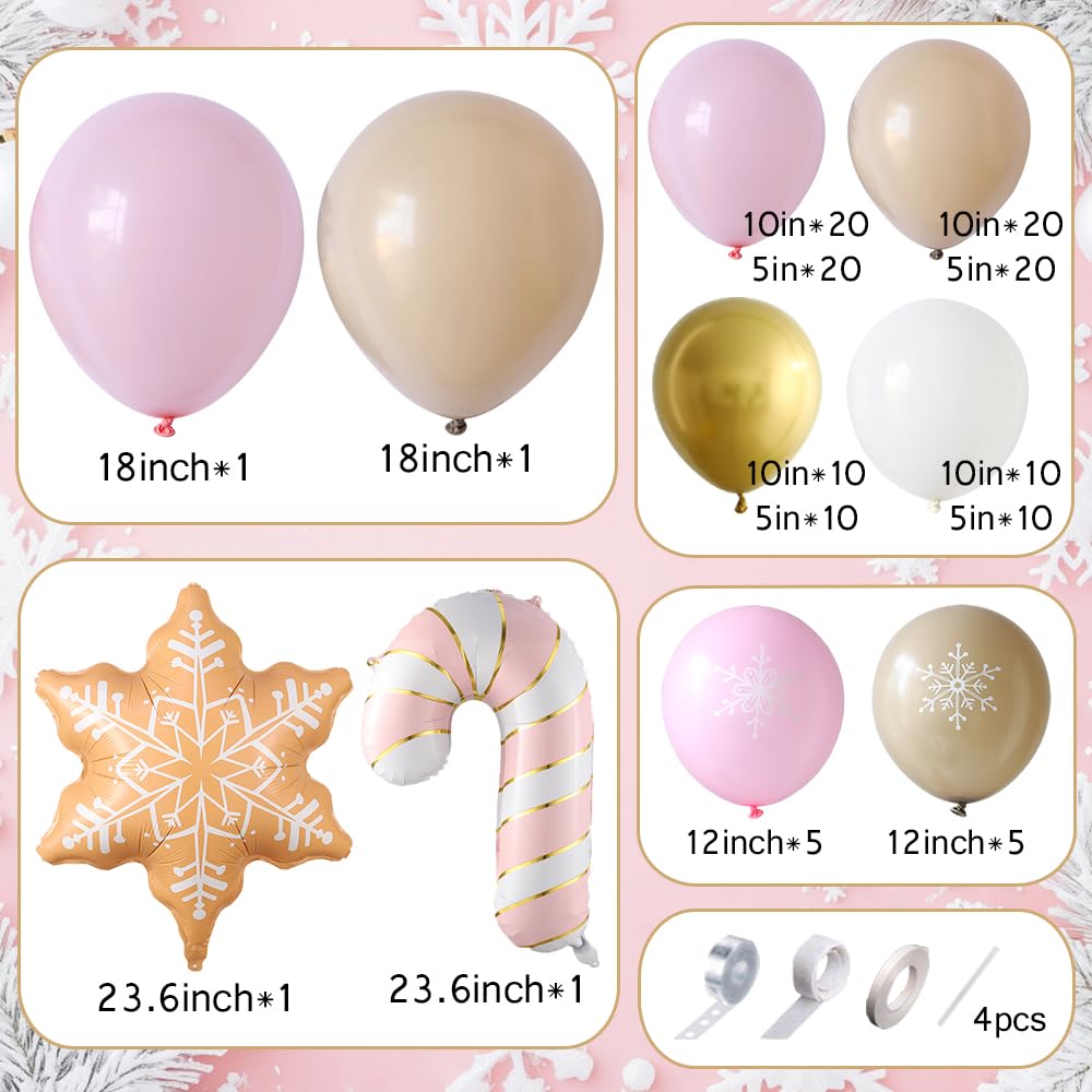 Gingerbread Snowflake Balloon Garland Arch Kit, 140pcs Pink Light Brown Gold Latex Balloons with Snowflake Candy Cane Foil Balloons for Christmas Gingerbread Theme Winter Holiday Birthday Party Decor