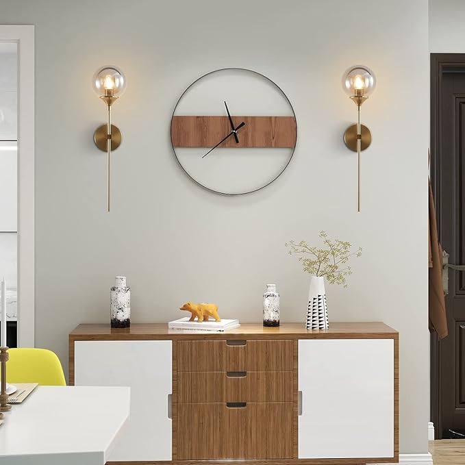 KCO Mid-Century Modern Wall Mounted Sconces Set of 2 Smoke Gray Glass Globe Wall Lamps with Long Arm Industrial Gold Wall Lights Fixture for Bedroom Bedside Stairway Hallway
