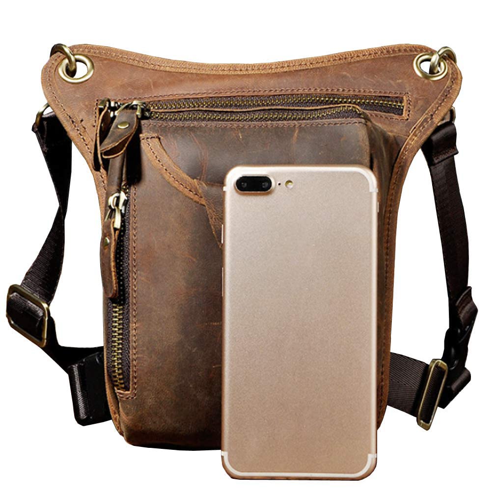 Hiking Waist Pack Leather Drop Leg Bag for Men Women Multi-Purpose Motorcycle Bike Outdoor Travel Sports Tactical Riding Hiking Camping Belt Bum Pouch Small Shoulder Bag Deep Brown