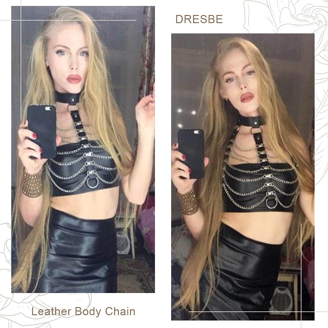 DRESBE Leather Chest Harness Chain Belt Black Fashion Rave Body Accessories for Women