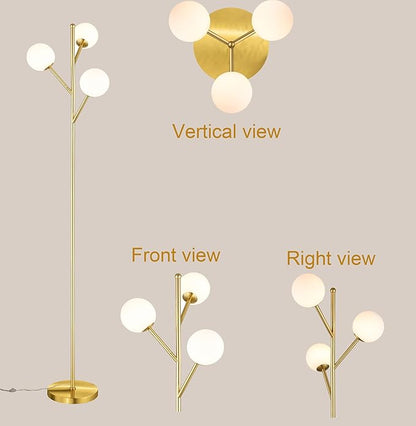 Globe Mid Century Tree Floor Lamp with 3 Light Bulbs,70in Tall Standing Glod Floor Lamp with Frosted Glass Shade for Living Room,Office,Bedroom, Study Room, Hotel, Antique Brass Lighting