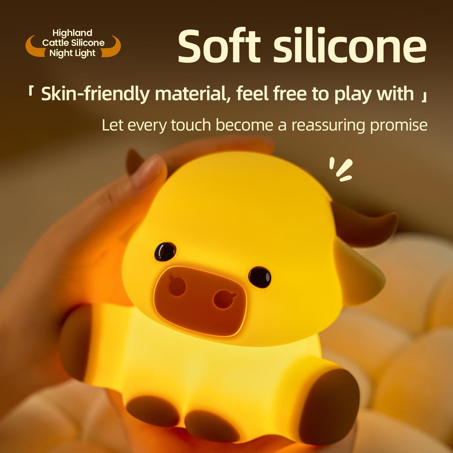 Znpum Highland Cow Night Light, Huggwaii Squishy Silicone Lamp for Kids - Dimmable Touch Sensor Cute Animal Lamp, Soft Glow Night Light for Nursery, Bedroom, Christmas Gifts for Boys, Girls, Women