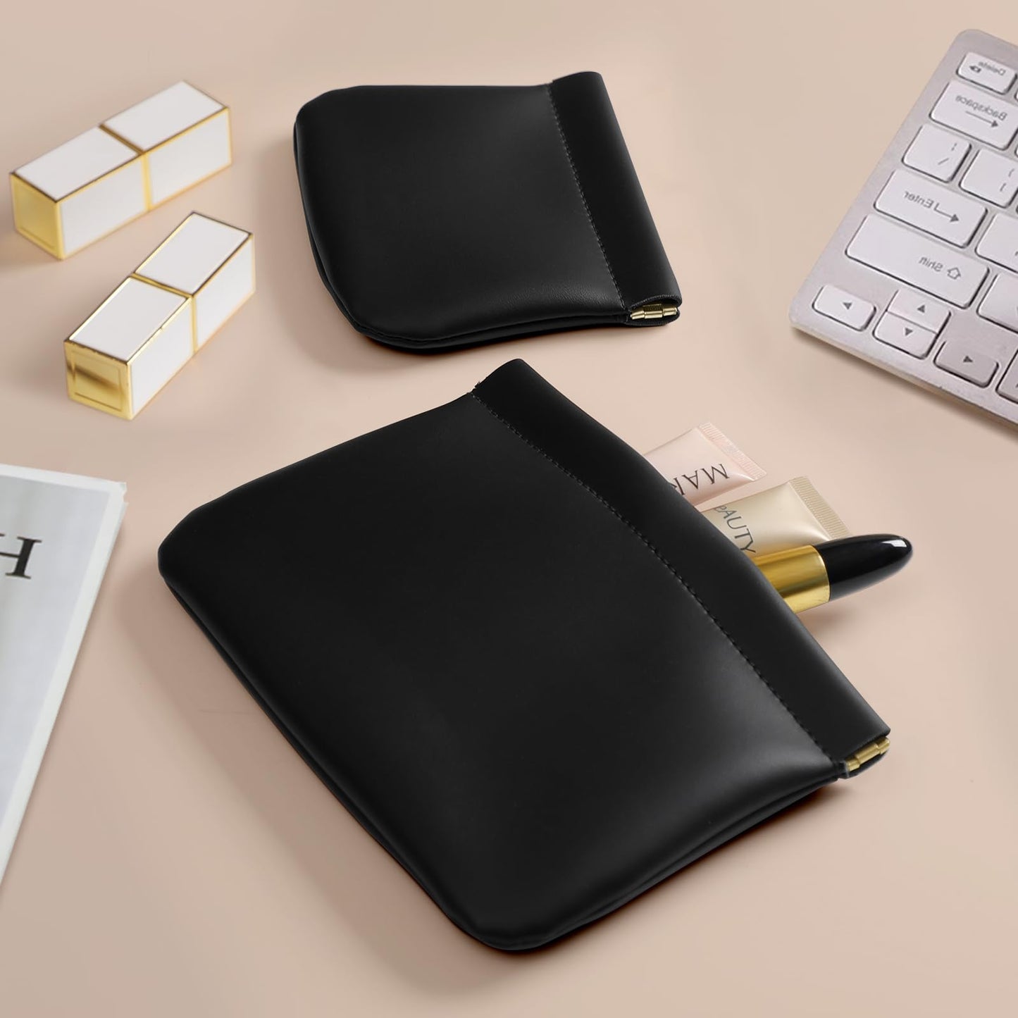 MEIBOOCH 2 Pack Small Makeup Bag for Women, New Organosilicon Super Fiber PU Leather Mini Cosmetic Bag for Travel, Coin Purse Organizer Storage Pouch (No Phrase Printed, Black)