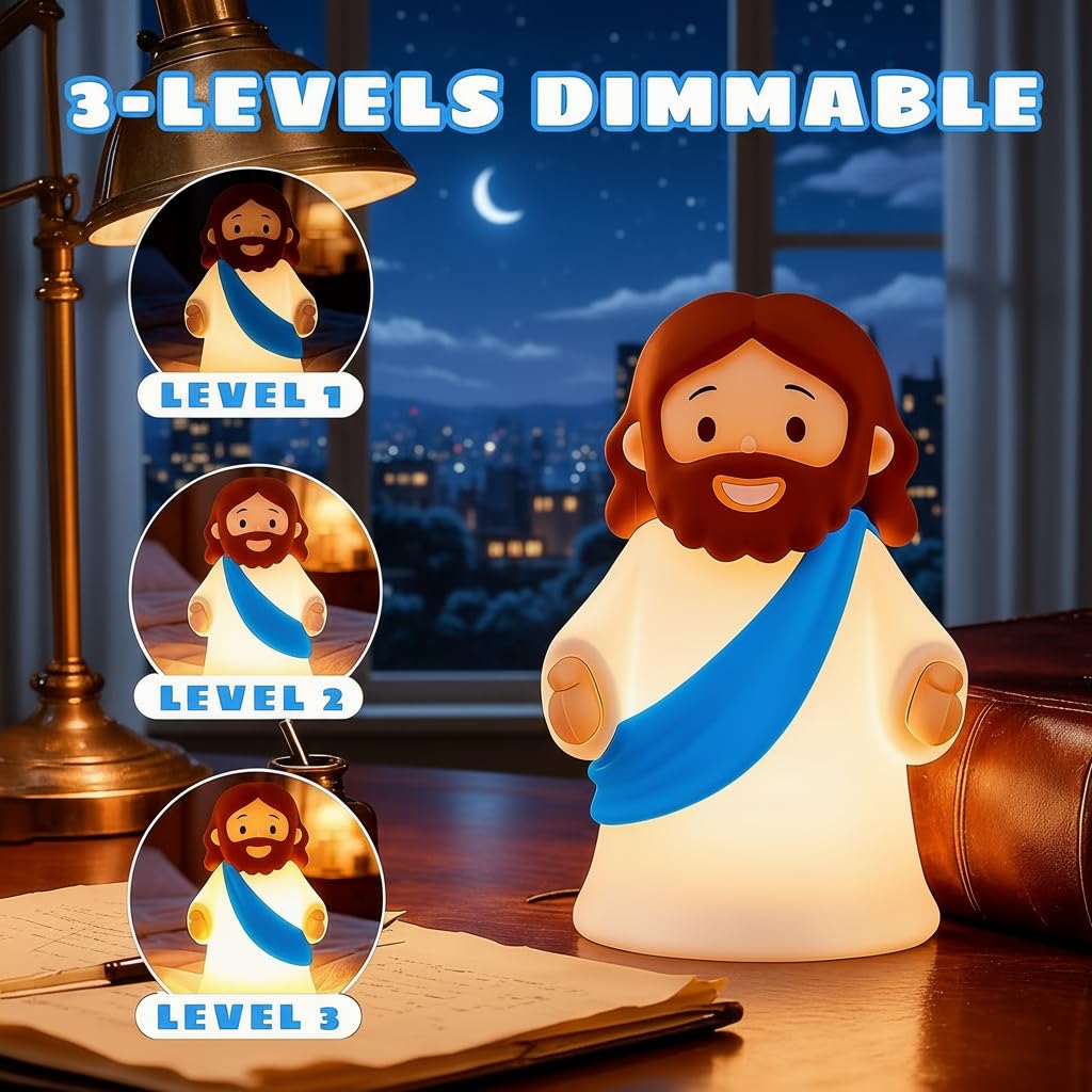 magical JD Little Jesus Night Light, Mini Silicone Jesus Lamp, Dimmable Rechargeable Touch Bedside Lamp for Nursery & Kids, Ideal Religious Gift for Christmas, Easter and Baptism (Blue)