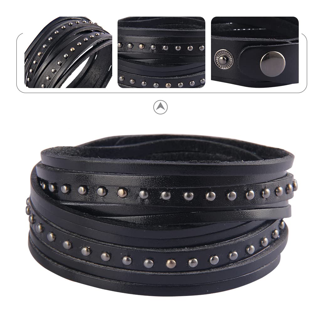 GelConnie Black Spike Leather Bracelet Rivet Cuff Bangle Multilayer Wrap Bracelets Punk Jewelry for Women, Men
