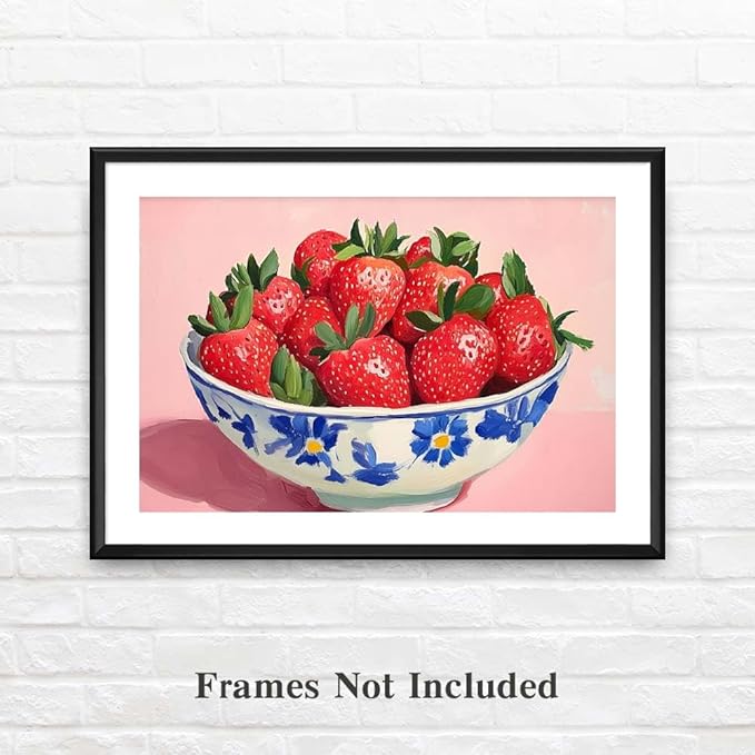 Yesad Strawberry Wall Art Print, Pink Kitchen Wall Décor Fruits Prints Canvas Wall Art Vintage Painting Pictures Modern Wall Décor for Living Room Dining Room Bedroom (Unframed,18”x12”, Strawberry)