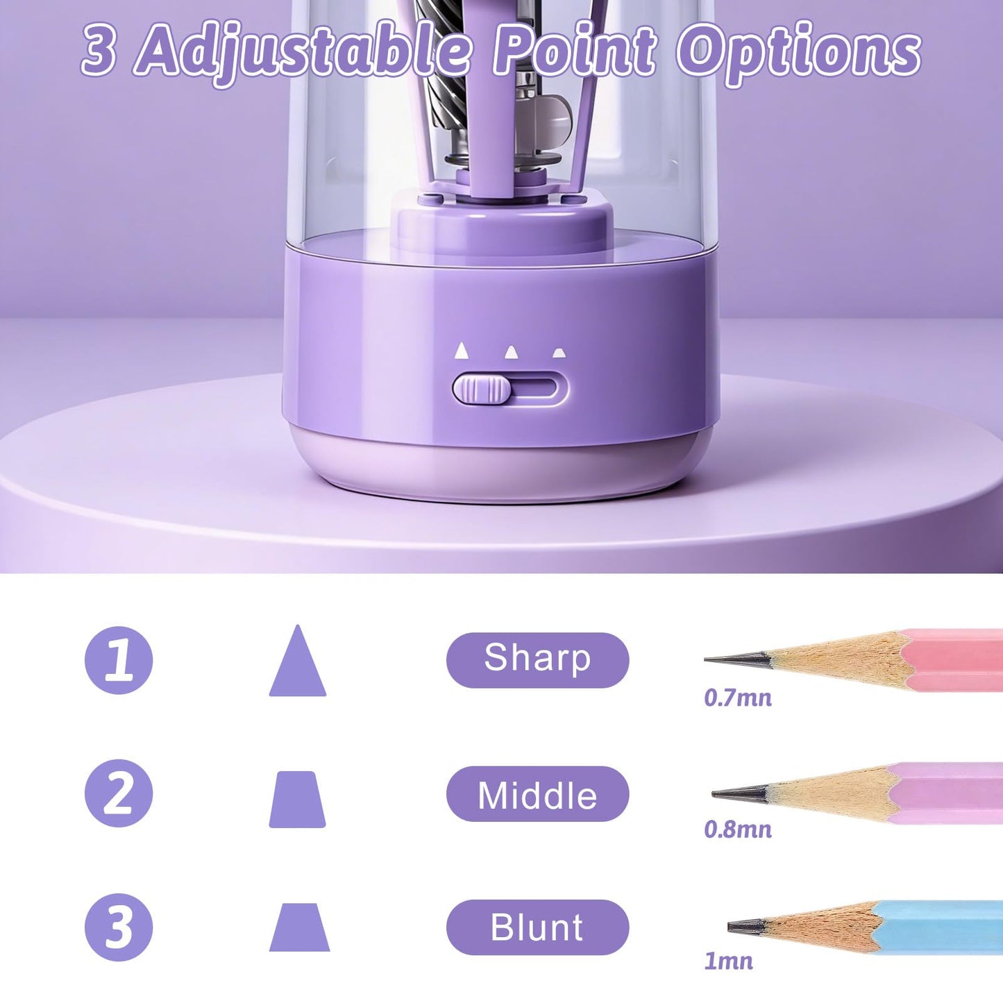 Rechargeable Automatic Electric Pencil Sharpener, Auto in & Out 3 Adjustable Thickness, Type-C Charging, Cute DIY Stickers, for 6-8mm Pencils, 3s Fast Sharpening, Ideal for School & Home (Purple)