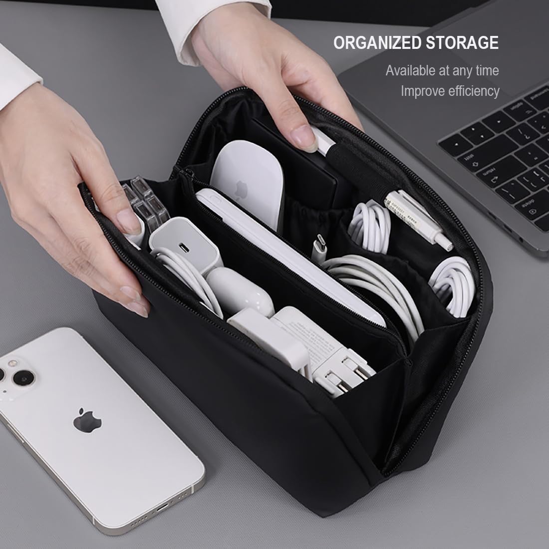 FADASTON Electronics Organizer Bag, Travel Digital Storage Pouch for Cable, Cord, Earphone, USB Flash Drive, Power Bank, Hard Drive, Portable Tech Travel Case with Multi-Compartment (Black)