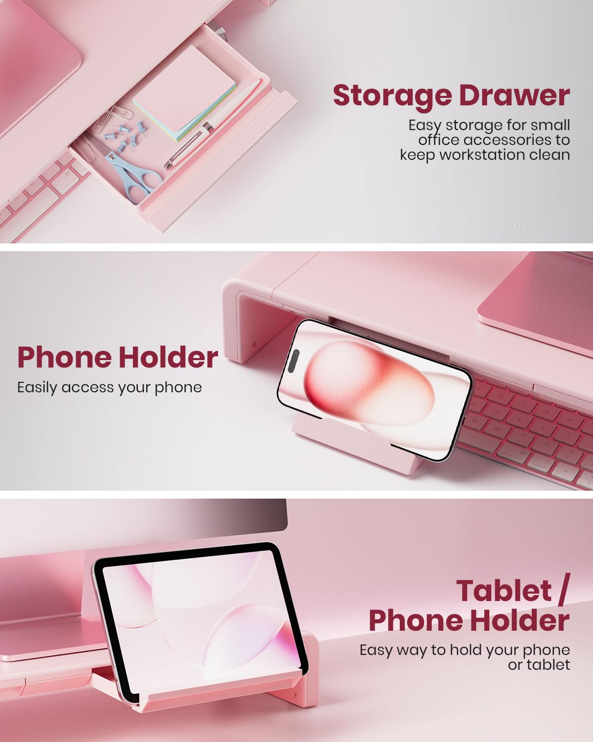 Pink Monitor Stand Riser, Klearlook Foldable, Height Adjustable Computer Stand, Desk Shelf Riser with Storage Drawer &Tablet Phone Stand for Desktop, Laptop