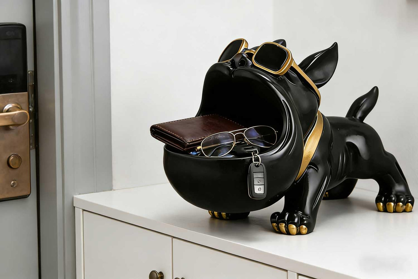 CUZOKOLA Large French Bulldog Tray Statue Cute Dog Candy Dish Modern Entryway Table Keys Candy Bowl for Office Desk Funny Animal Storage Sculpture Figurine with Big Mouth Gold Glasses for Home Decor