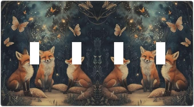 Decorative Art Light Switch Covers Foxes & Forest Quad Toggle 4 Gang Wall Plate Switch plate Electrical Faceplate for Home Decor