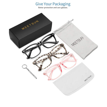 MEETSUN Blue Light Blocking Glasses, Anti Eye Strain Headache (Sleep Better),Computer Reading Glasses UV400 Transparent Lens (Black+Leopard+Pink / 3 PACK, 53)