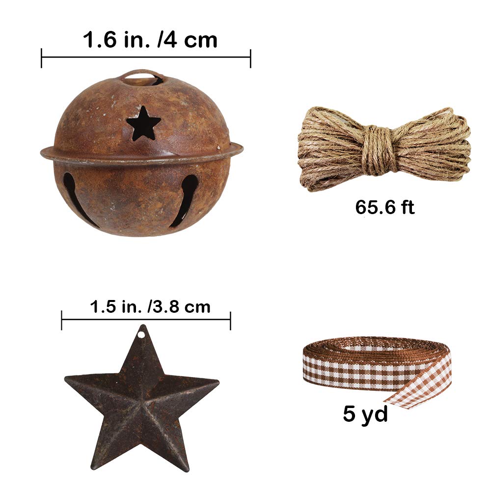 Winlyn 80 Pcs Rusty Metal Christmas Sleigh Bells Jingle Bells Rustic Craft Bell 1-1/2" and Dimensional Mini Rusted Metal Barn Stars with Jute Twine Plaid Ribbon for Christmas Tree Holiday Season Decor
