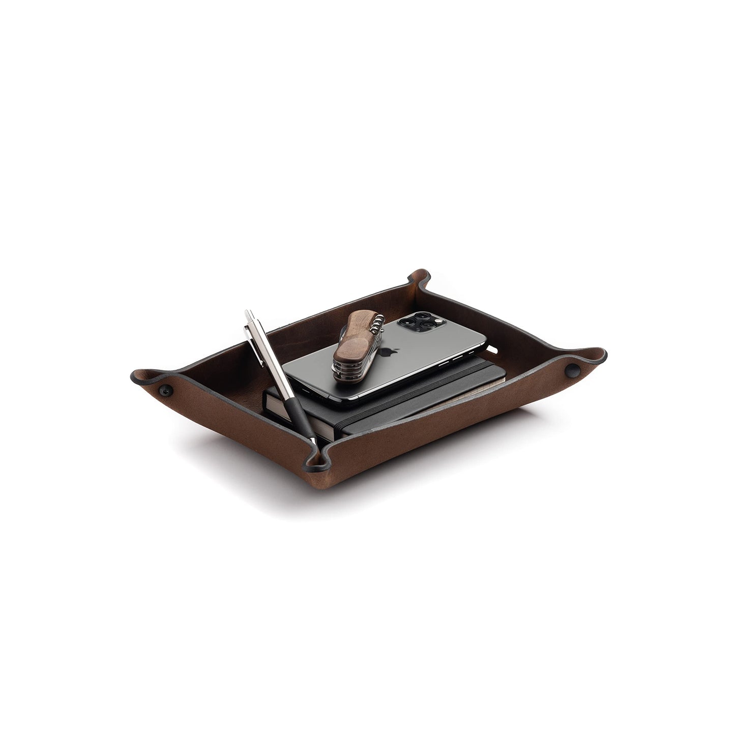 Main Street Forge Leather Valet Tray for Men – Rustic EDC Organizer for Keys, Phone & Wallet – Made in USA – Bootlegger Brown