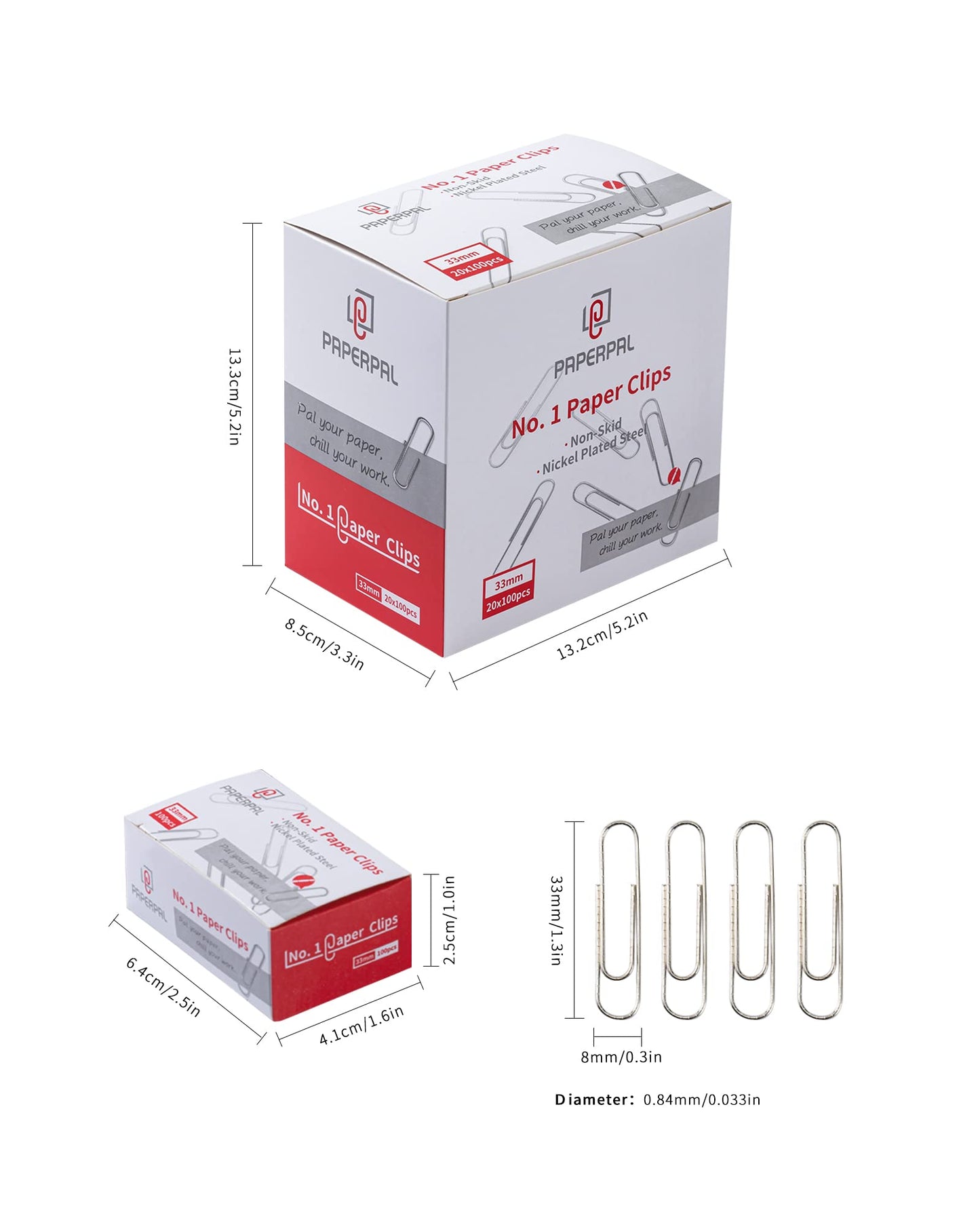 PAPERPAL Paperclips for Office School & Personal Use, #1 Nonskid Paper Clip (1-2/7"), 2000 Medium Paper Clips (20 Boxes of 100 Each), Silver