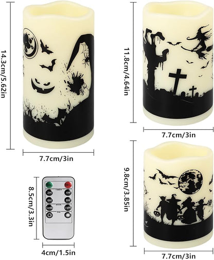 12-Pack Halloween LED Flameless Pillar Candles - Battery Operated with Remote & Timer, Flickering Warm Light, Witch/Bats/Castle Decals - Spooky Halloween Decor, Ghost Party Supplies, Gifts