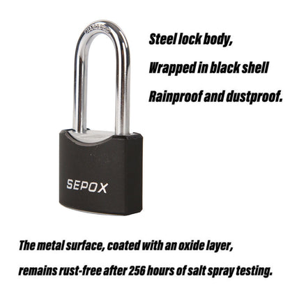 SEPOX® Twins 1-9/16" All-Weather Outdoor Padlocks Keyed Alike, Long Shackle, Solid Steel Lock, Heavy-Duty with Black Cover, Design for Gate Fence Cabinet Toolbox School Gym Locker with 2pcs Same Key