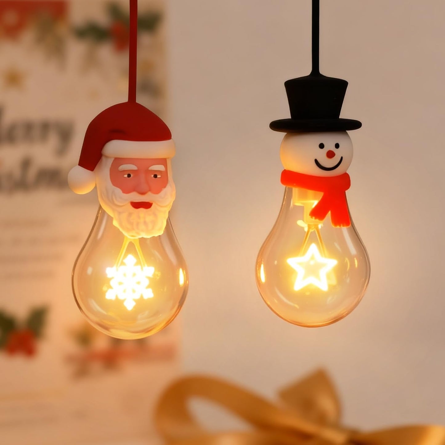 Brightever 2-Pack Hanging Christmas NightLights, USB Rechargeable Indoor Christmas Decorations A19 LED Light Bulb with Snowflake and Star LED Filaments, Great Gift Ideal for Kids, Friends, Family