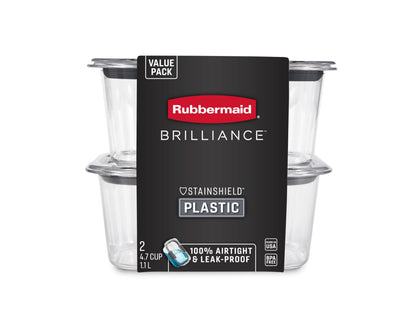 Rubbermaid Brilliance BPA-Free Food Storage Containers, Medium Deep, 4.7 Cup, 2-Pack, Airtight & Leak-Proof, Microwave & Dishwasher Safe