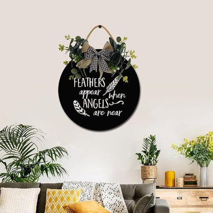 Angels Appear Front Door Sign Funny Wreaths Hanging Wooden Plaque Decoration Round Rustic Wood Farmhouse Porch Decor for Home Front Door Decor, 11 x 11 Inch
