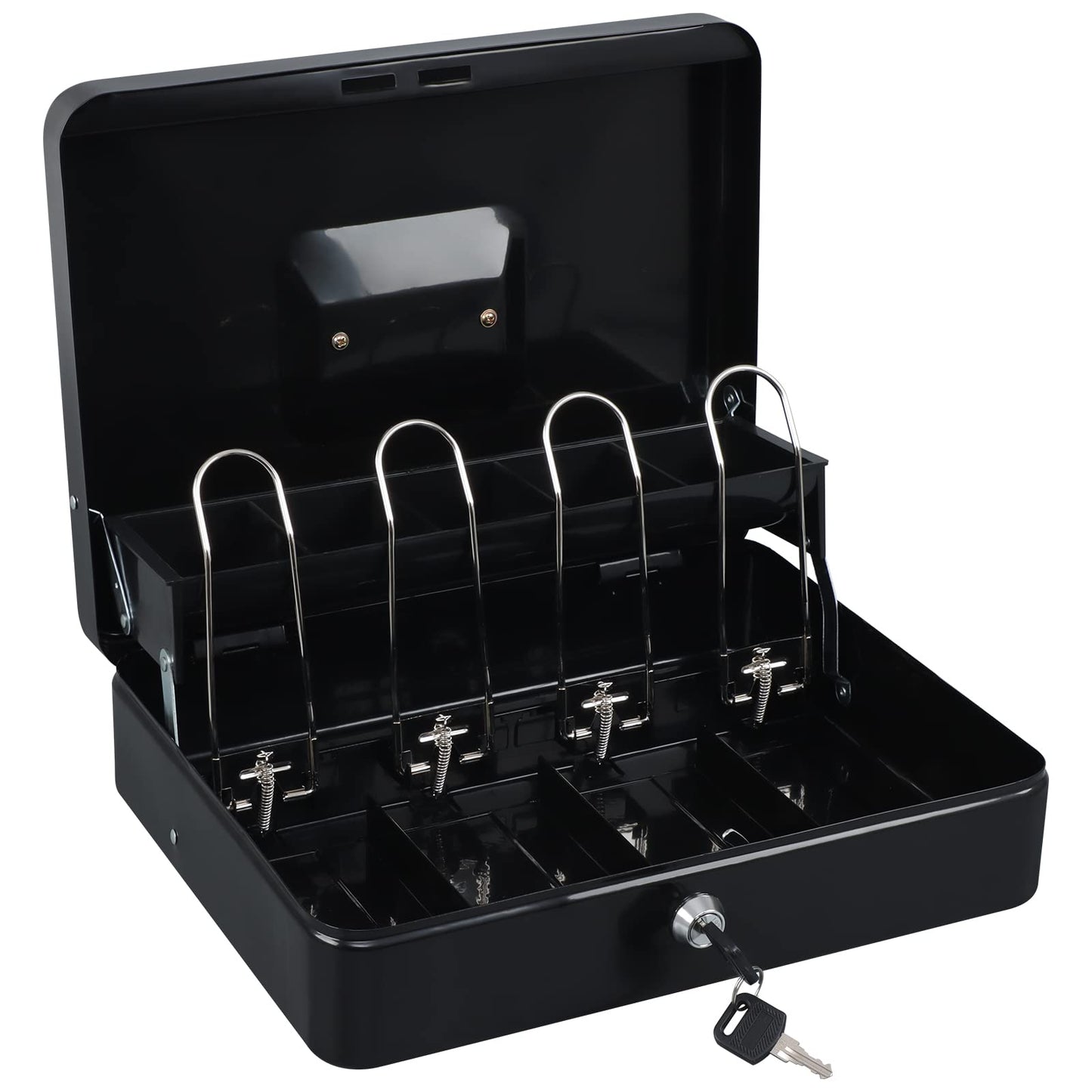 xydled Cash Box with Money Tray and Key Lock,Tiered, Cantilever Design,4 Bill / 5 Coin Slots,11.8" x 9.5" x 3.5",Black