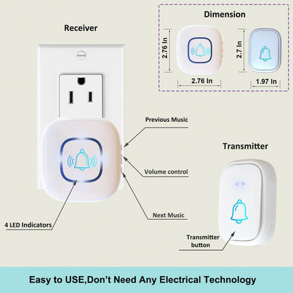 Wireless Doorbell, 1,200ft Wireless Range Doorbell,5 Volume Levels Loud Enough, Mute Mode with 52 Chimes,LED Flashing and Memory Setting.