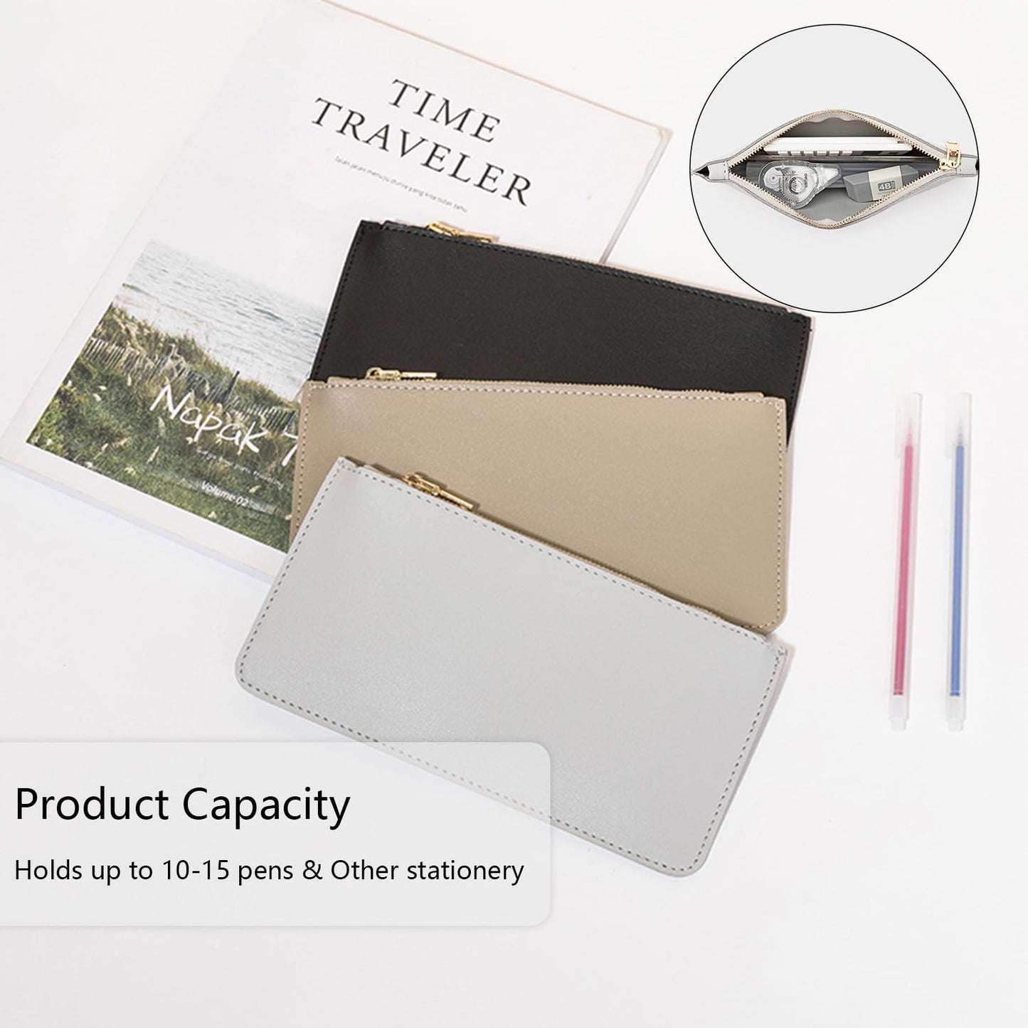 YONBEN Pencil Pen Case Stationery Case Pouch Bag (Khaki,Faux leather)