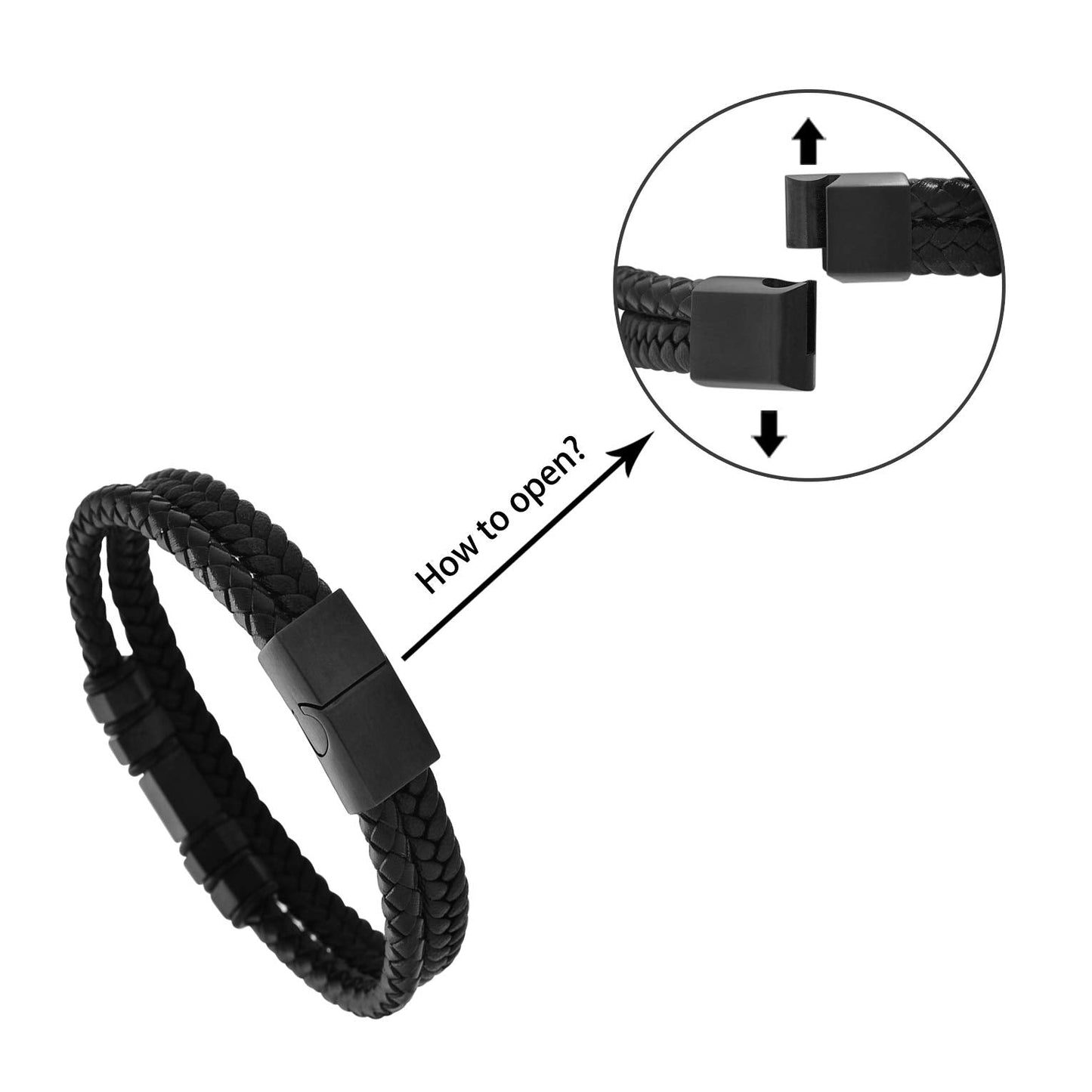 Magna Steel Men's Two-Layer Braided Genuine Leather Wheat Chain Bracelet with Stainless Steel Ornaments (Black)