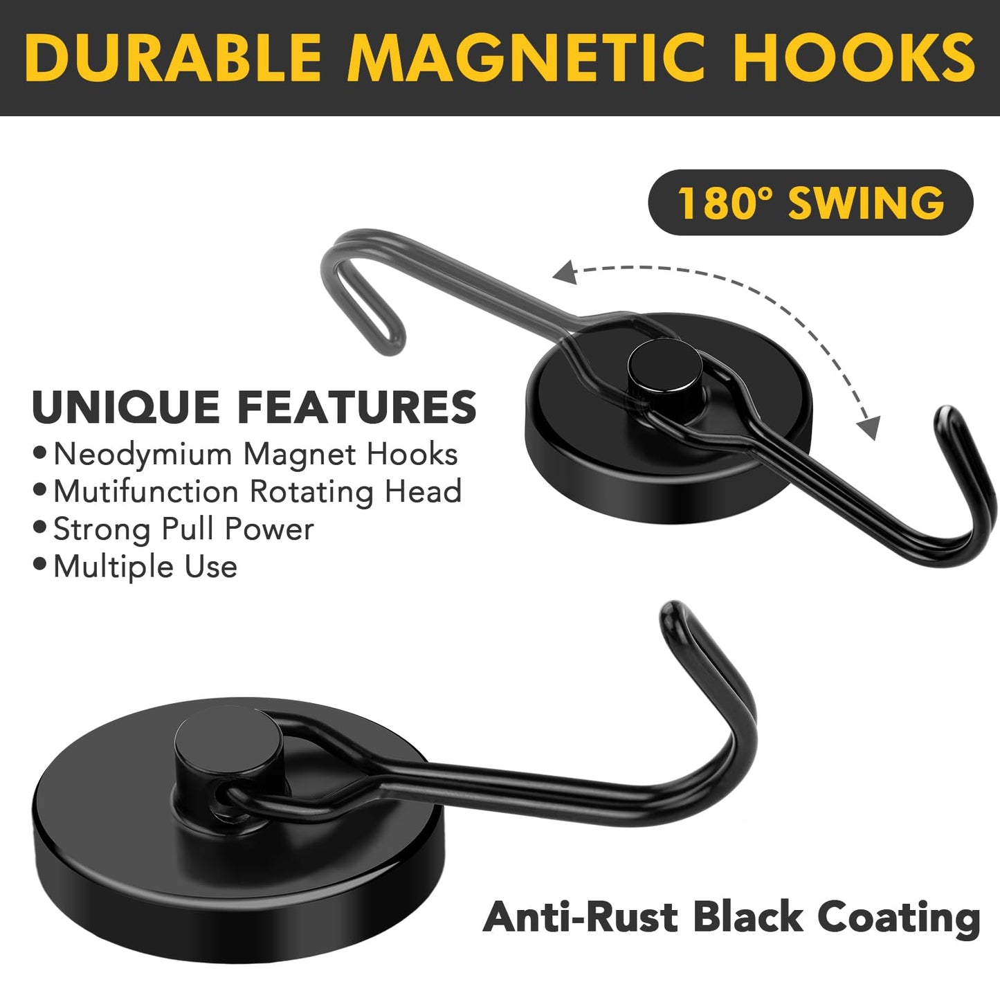 MIKEDE Black Magnetic Hooks Heavy Duty 120LB+ Swivel Swing Strong Magnetic Hooks Cruise Neodymium Hook Magnets for Hanging Home Workplace Metal Door Office and Garage - Pack of 6