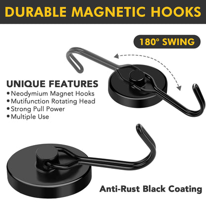 MIKEDE Black Magnetic Hooks Heavy Duty 120LB+ Swivel Swing Strong Magnetic Hooks Cruise Neodymium Hook Magnets for Hanging Home Workplace Metal Door Office and Garage - Pack of 6