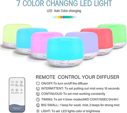 Oil Diffuser Humidifier 300ML,Electric Ultrasonic Air Aroma Diffusers Vaporizer,Scent Mist Defuser with Remote,Auto-Off,7led Color Changing Light for Large Bed Room,Home,Office