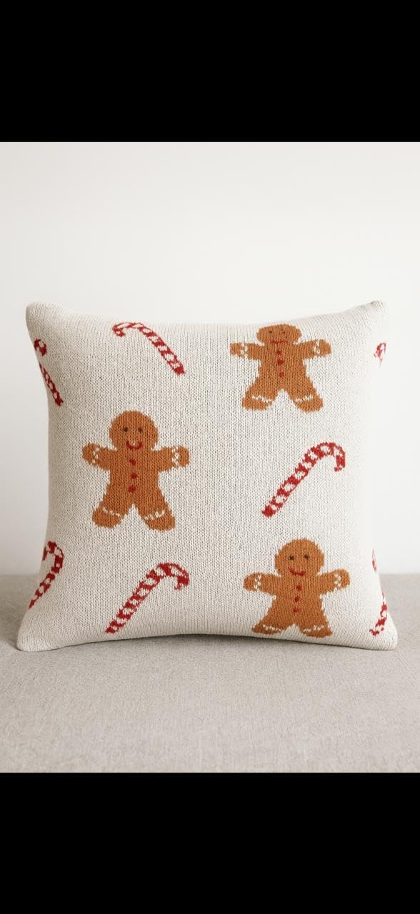 Christmas Decorative Throw Pillow Cover, White with Gingerbread Man and Candy Cane Pattern, Cotton Knit, Holiday Home Decor Pack of 2