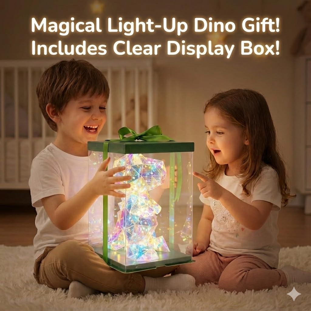 Aladdinas LED Dinosaur T-Rex Night Light, Holographic Iridescent Design, Nursery Decor Display Box with Ribbon (T-REX Dinosaur, Medium)