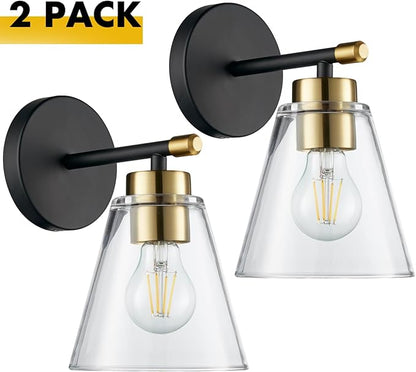 Hamilyeah Black and Gold Wall Sconces Set of 2, Bathroom Sconces Wall Lighting Fixture Indoor with Glass Shade, Mordern Black Wall Sconce Lighting for Kitchen, Hallway, Living Room