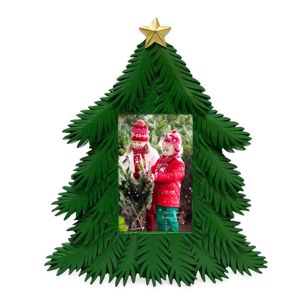 Isaac Jacobs 2x3 Holiday-Inspired Christmas Tree Picture Frame, Green with Gold Star, Tabletop and Wall Display, Home Décor, Resin Frame, Holidays (2x3, Green, with Rectangular Photo Window)