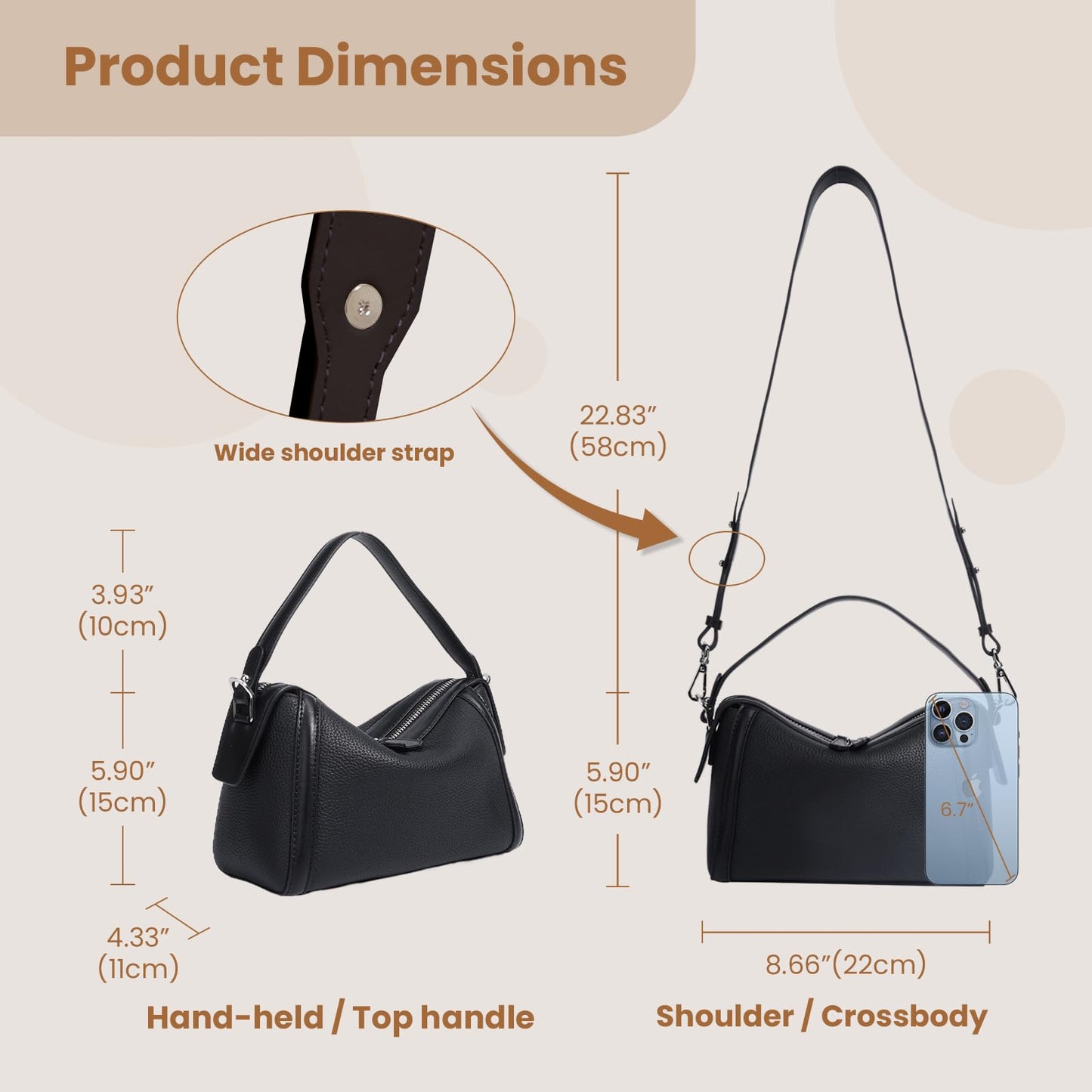 Rosvovo Genuine Leather Purse for Women with Top Handle，Leather Satchel purse Crossbody Bags Handbag with Adjustable Strap Black