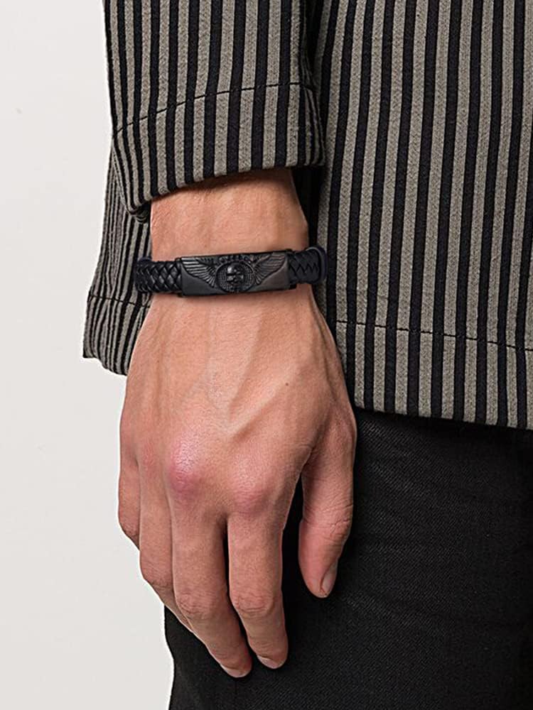 ChainsHouse Mens Braided Leather Black Bracelets Bangles, Wing Skull Bracelet for Dad Husband, 23cm