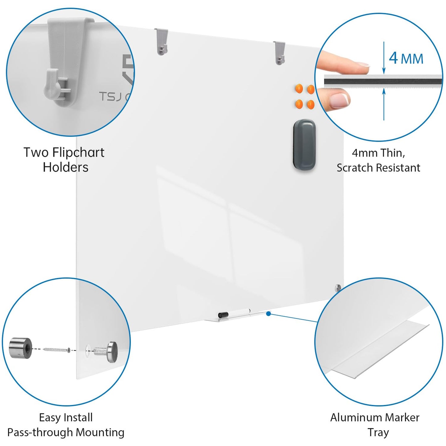 TSJ OFFICE Glass Dry-Erase Board - 36 x 24 Inches Brilliance White Magnetic Glass Whiteboard, Wall Mounted Large Frameless White Board for School, Home & Office