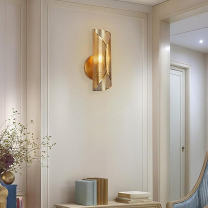 21.6 Inch Curved Perforated Wall Sconce, Hand-Made Aged Brass Metal Wall Mounted Light Beside Mirror, Luxury Wall Light for Bedroom, Elegant Light Fixture for Indoor