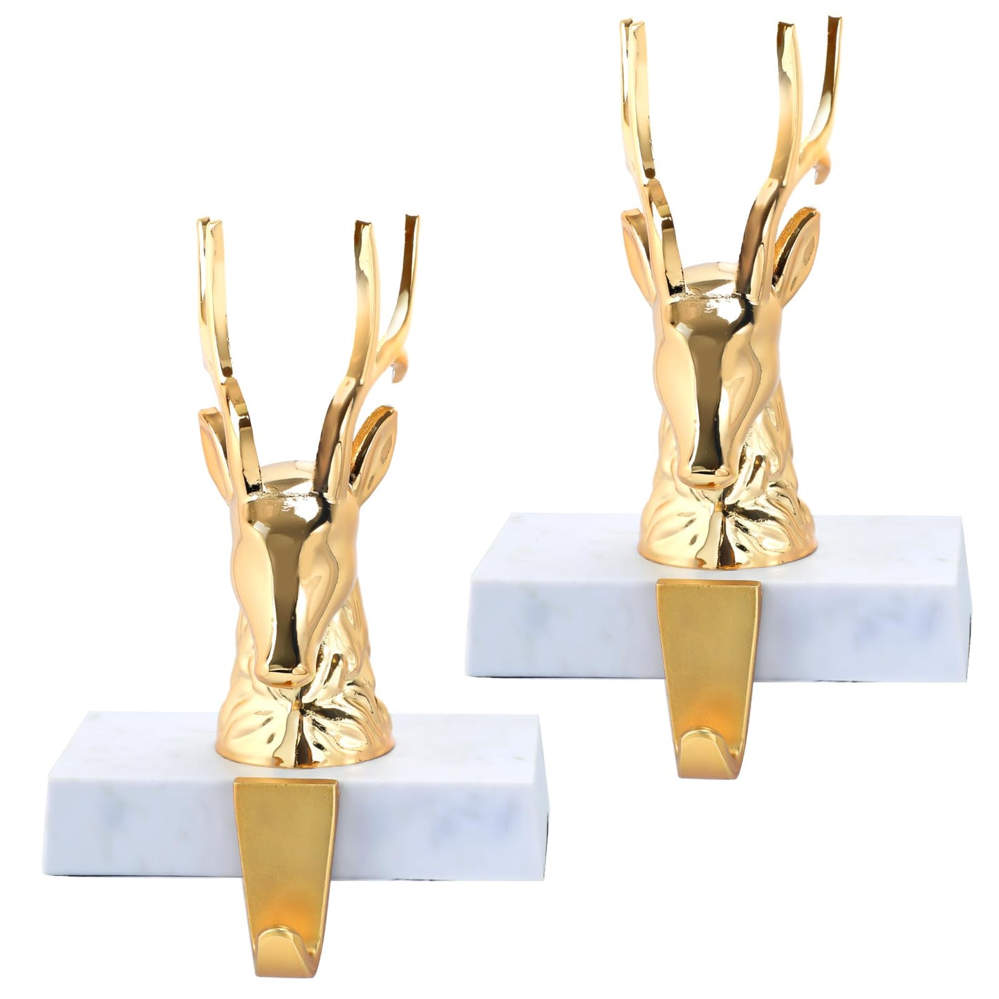 Komiikka Christmas Stocking Holders for Mantle Set of 2, Reindeer Metal Mantel Stockings Hangers Hooks for Xmas Shelf Fireplace Toppers Decorations (Chrome Gold)