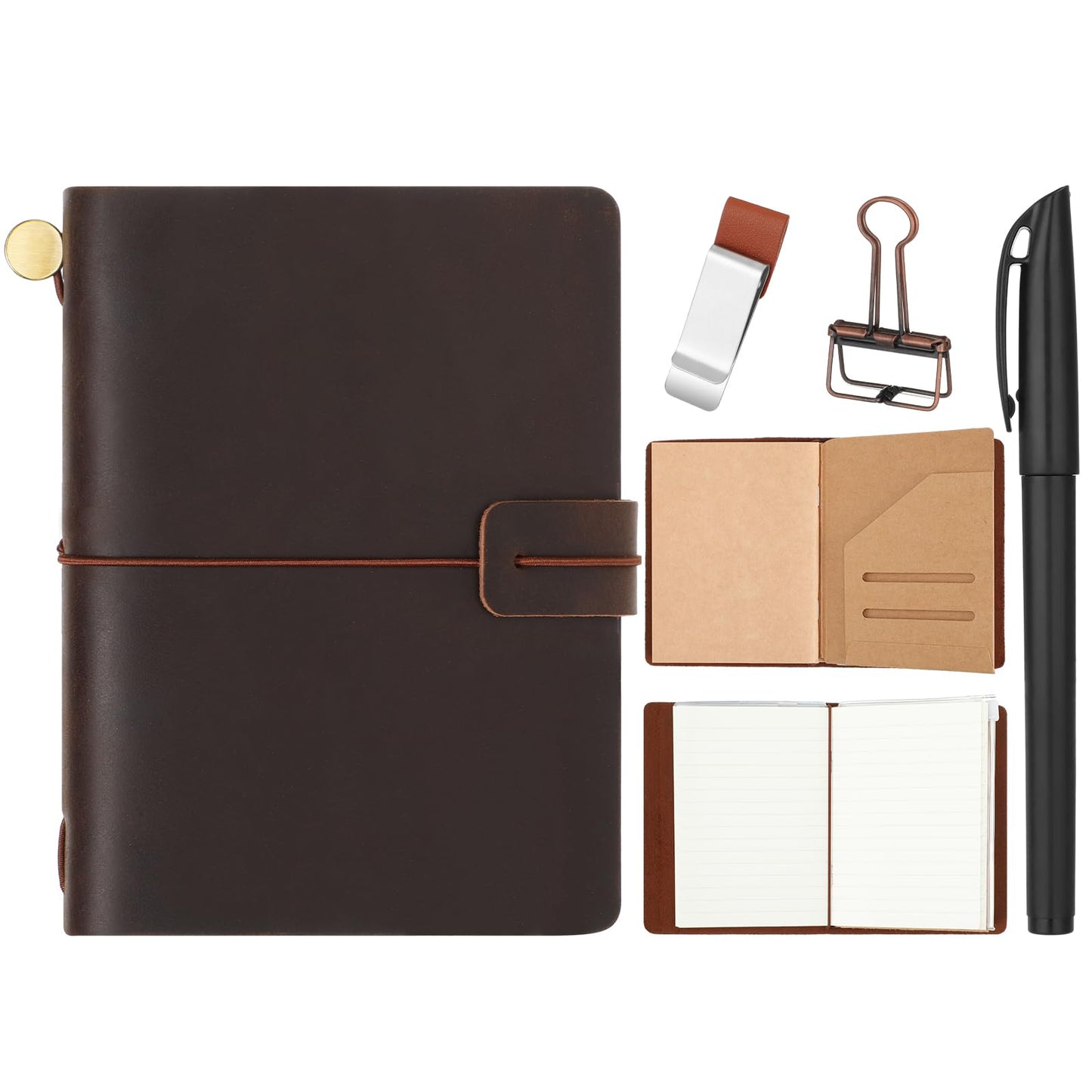Thenshop Travelers Refillable Leather Journal Notebook Travel Diary Handmade Passport Travelers Journal for Men and Women with 3 Notebook Inserts, Pen Holder, Binder Clip(Dark Brown,Passport Size)
