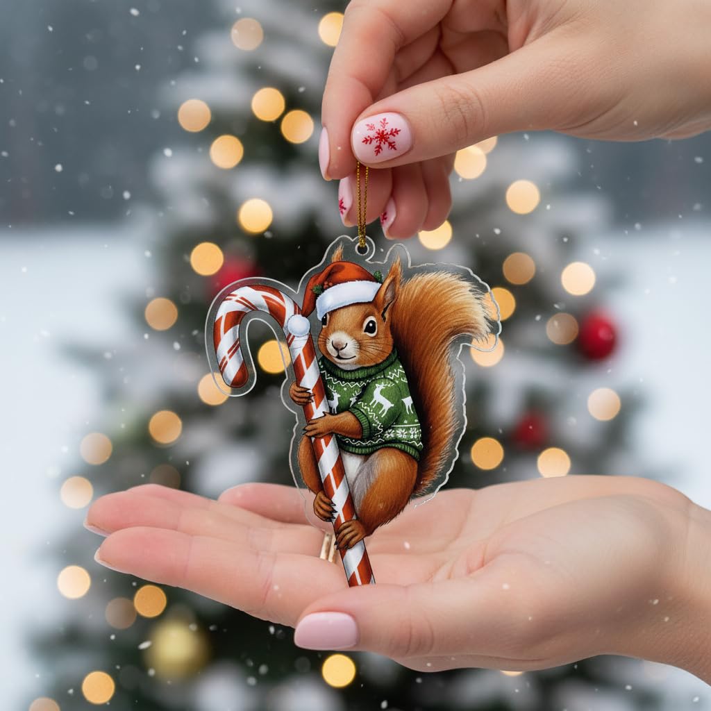 Cute Red Squirrel Hugging Candy Cane 2D Flat Acrylic Ornament - Christmas Tree Decoration, Squirrel Gifts 2025