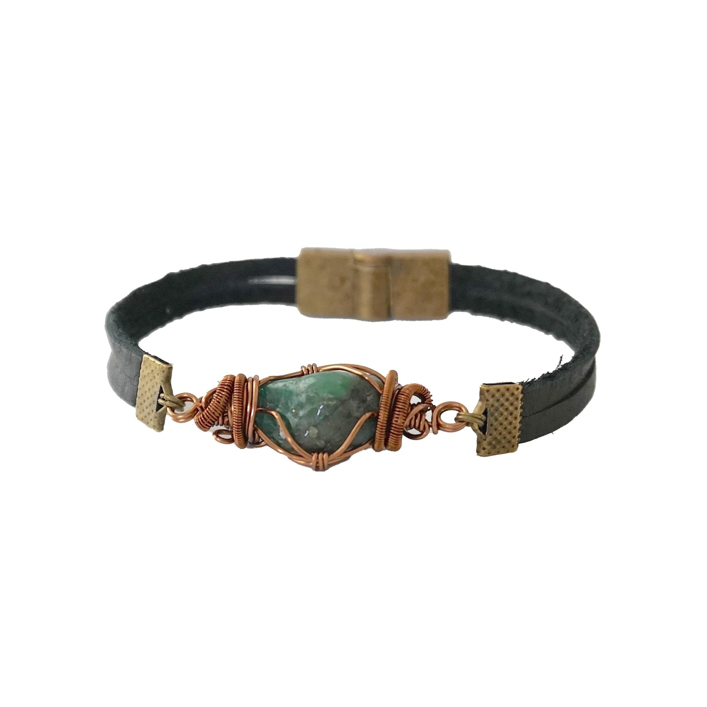 Valor 835 Raw Emerald Mens Bracelet | Copper Wire Wrapped Crystal Bracelet for Men, Genuine Leather Cord with Magnetic Clasp, Gifts for Him, Gifts for Men, Mens Jewelry, Green Stone Jewelry