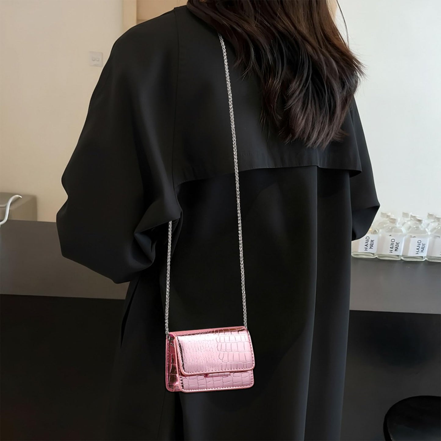 Sightor Silver Mini Crossbody Bag for Women, PU Leather Small Evening Purse, Dressy Clutch Handbag for Nightclub Parties (Pink)