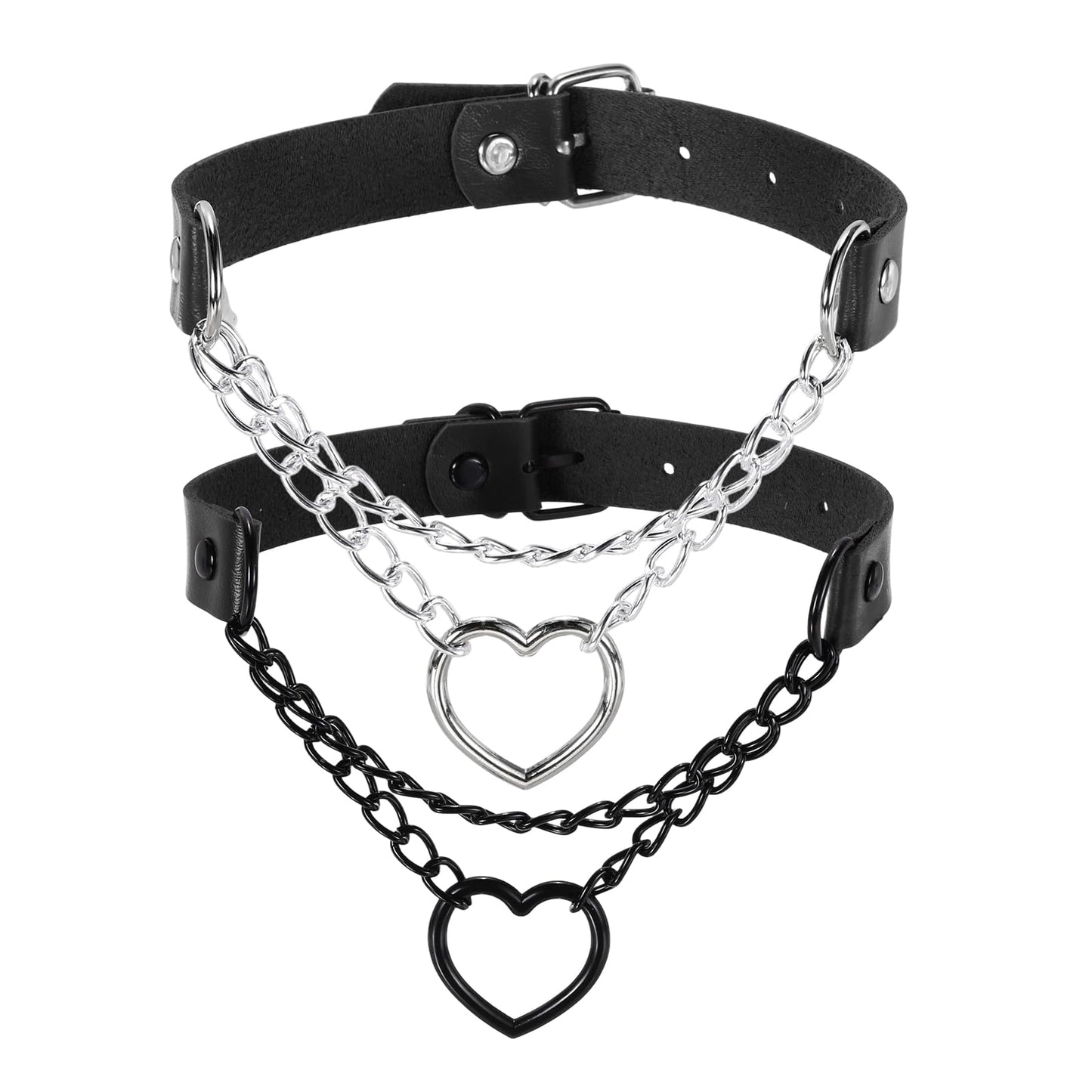 MECCANIXITY PU Leather Chokers, Love Heart Chokers Collar Necklace Gothic Punk Grunge Emo Necklace Gothic Jewelry Accessories Adjustable PU Collar for Women, Black/Silver Black, 2Pcs