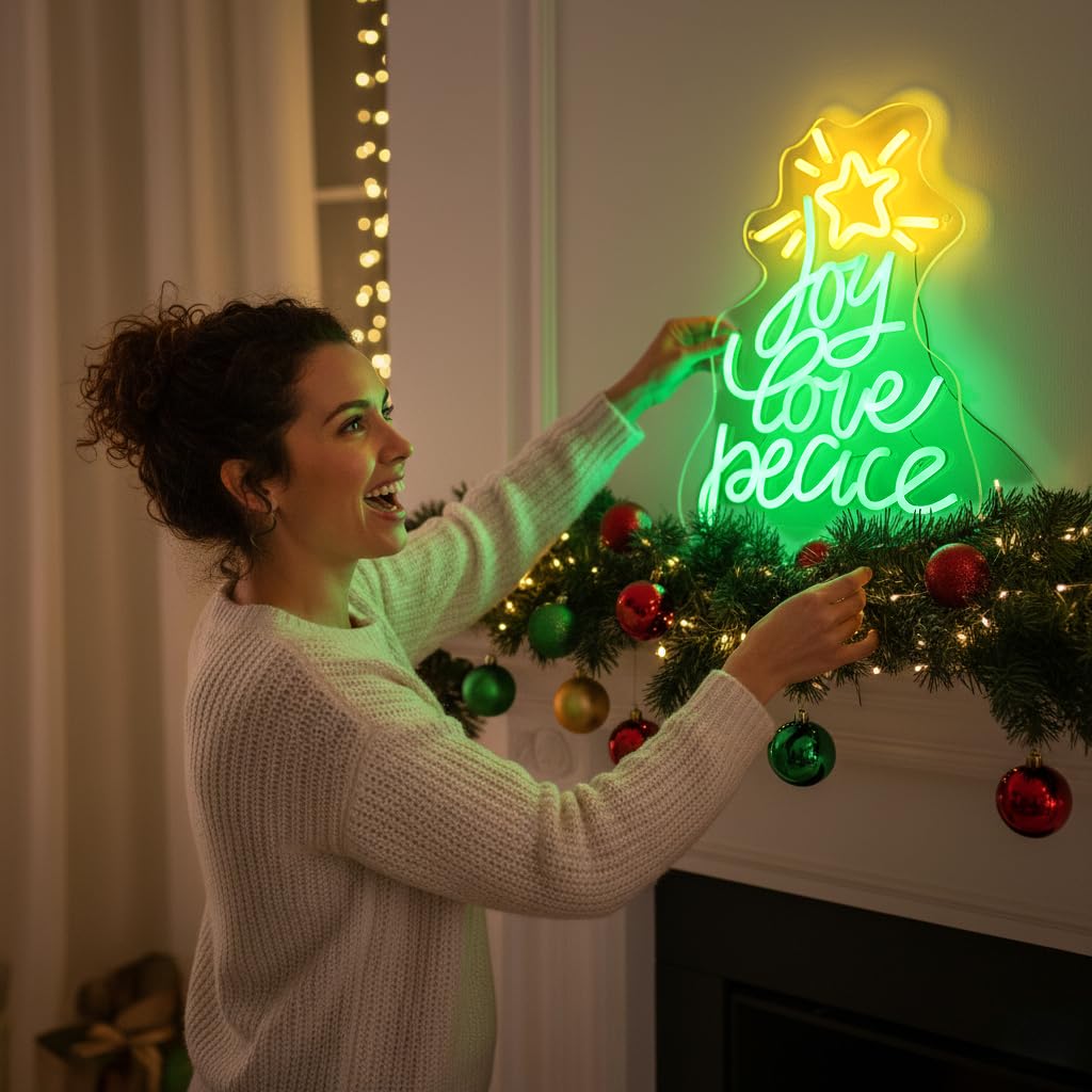 Christmas Tree Neon Sign, Xmas Trees Peace Love Joy Christmas Decoration, USB Powered Led Merry Christmas Neon Light Up Sign for Wall Decor, Xmas Led Sign for Home Holiday Gift New Year Party Backdrop