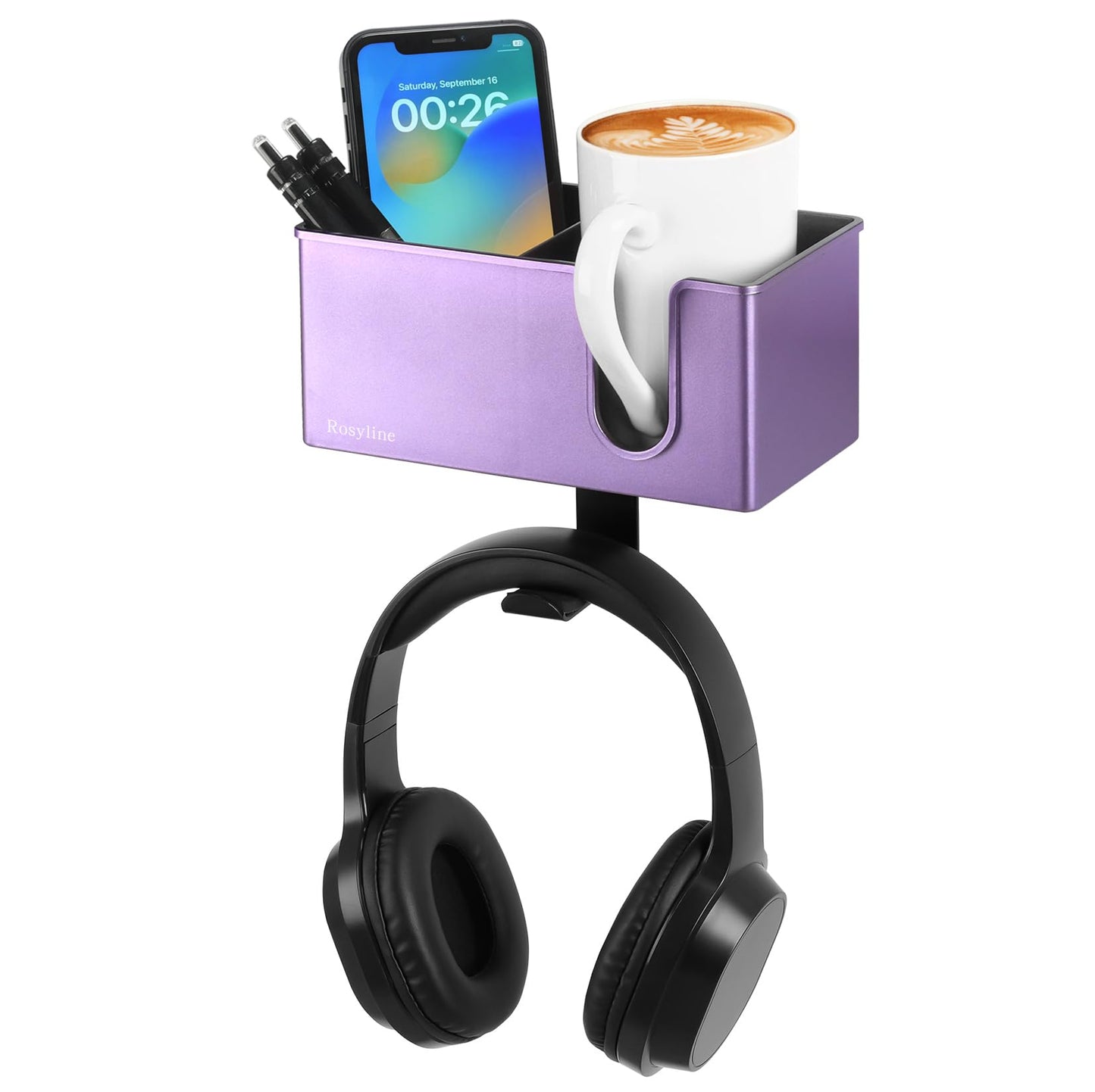 Rosyline 3-in-1 Desk Cup Holder & Clip-on Cup Holder, Clip on Desk Organizer – with Anti-Spill Function, Keeps Your Coffee, Headset, Phone & Pens Within Easy Reach, for Office Desk (Purple)