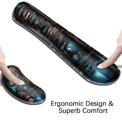 MIBITRI Keyboard Mouse Pad Set, Extended Gaming Mouse Pad+Ergonomics Keyboard Wrist Rest Support, Memory Foam, Easy Typing Pain Relief, 4Pcs XXL Ultra Thick Desk Mat, Enchanted Bookshelf