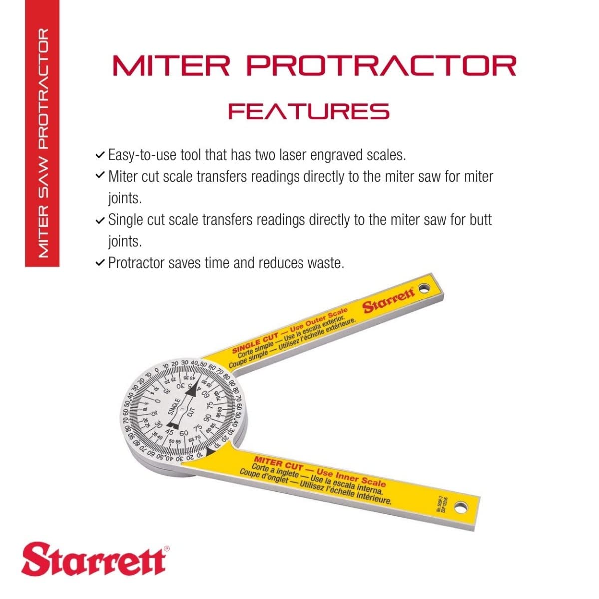 Starrett ProSite Miter Protractor Angle Finder with Two Laser Engraved Scales - Ideal for Carpenters, Plumbers, and DIY Home Improvement - 7" Narrow Plastic - 505P-7