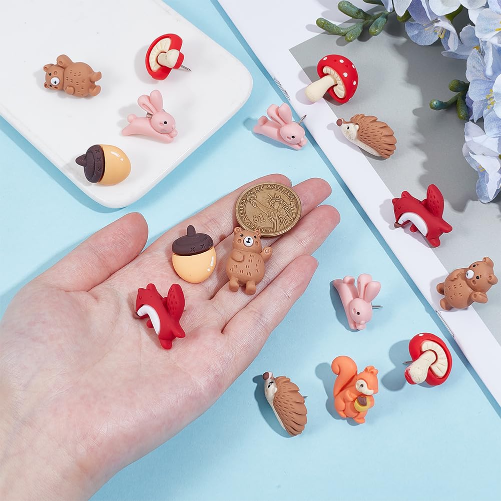 DELORIGIN 35Pcs Forest Animals Push Pins Resin Squirrel Fox Owl Mushroom Push Pins 7 Styles Cute Animals Thumb Tacks for Photo Wall Map Cork Board Bulletin Board Home Office Decorations
